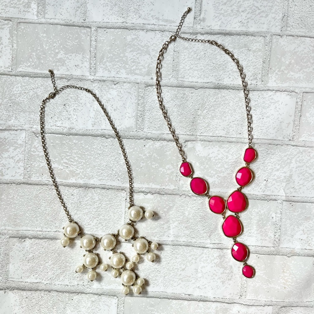 Y2K Retro Bubble Necklace Lot 2pc Hot Pink Resin Faux Pearl Gold Tone Statement